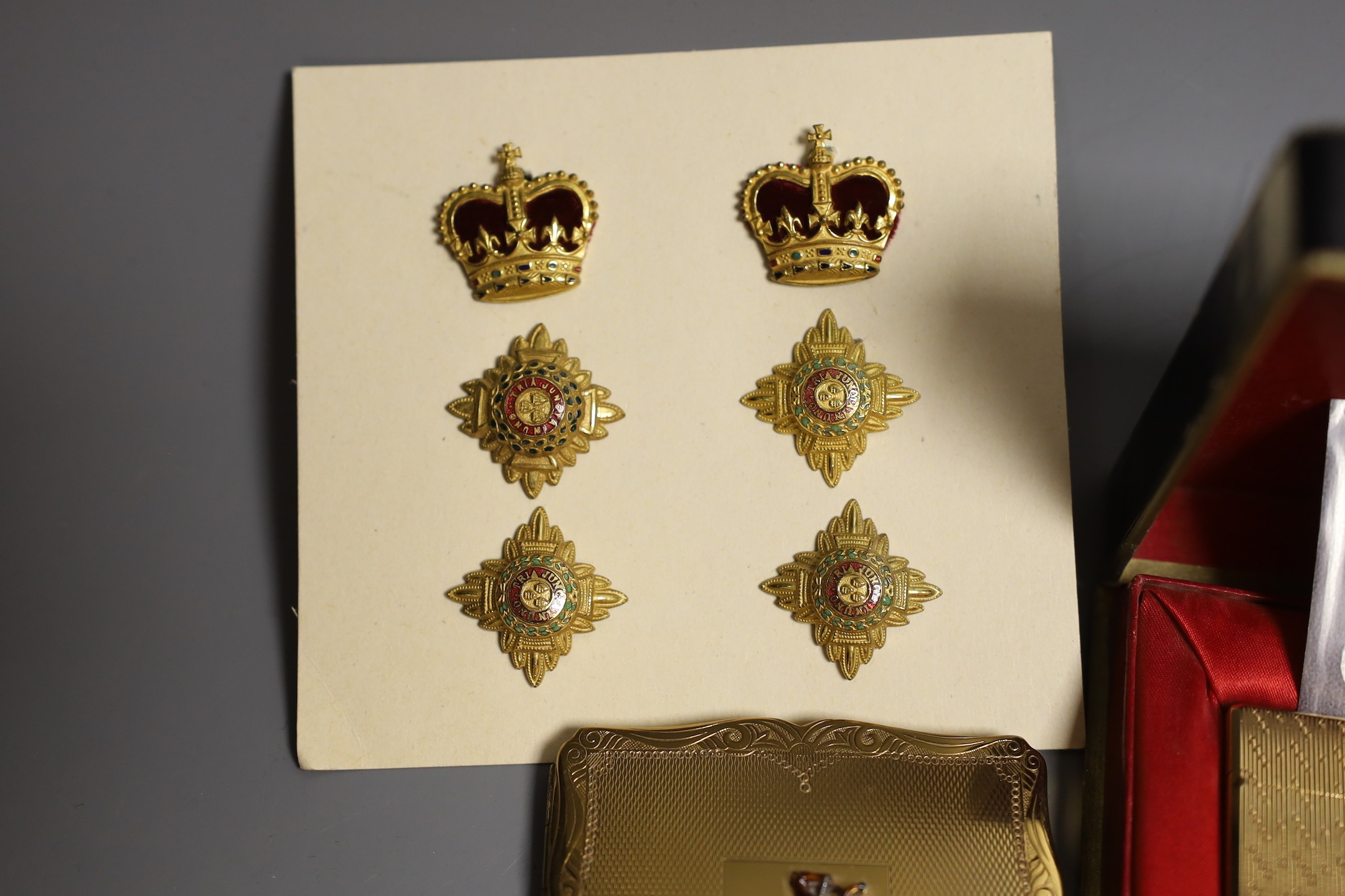 A GSM with Palestine clasp, other medals and militaria, three compacts and cigarette lighter